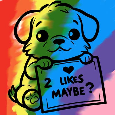 a puppy holding a sign that says 2 likes maybe?