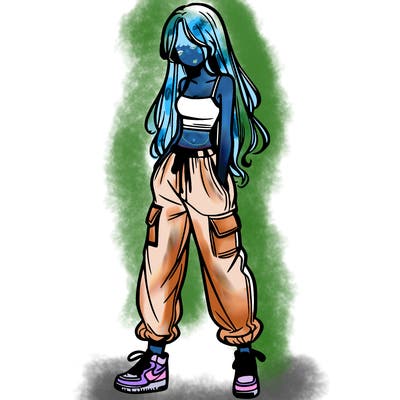 girl in baggy pants crop top and long hair