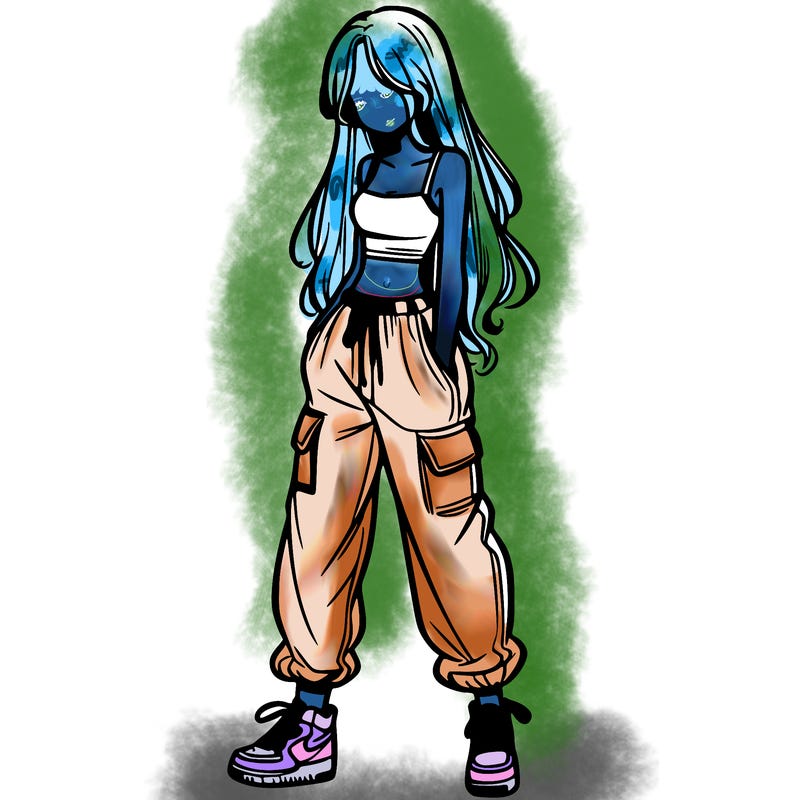girl in baggy pants crop top and long hair