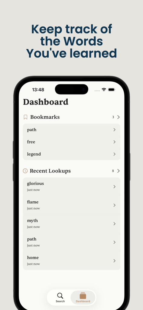 the English Dictionary - Captura de pantalla del panel de la aplicación English Dictionary que muestra palabras marcadas y un historial de búsquedas recientes.