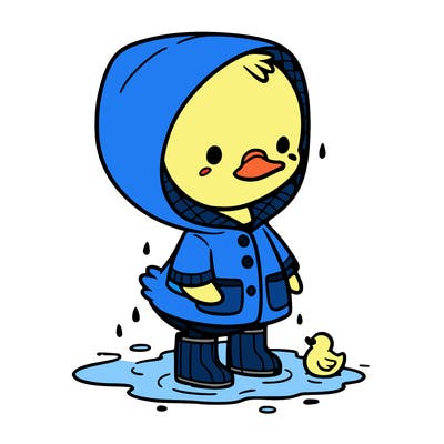 baby duck in a rain coat and boots, in a puddle while it’s raining