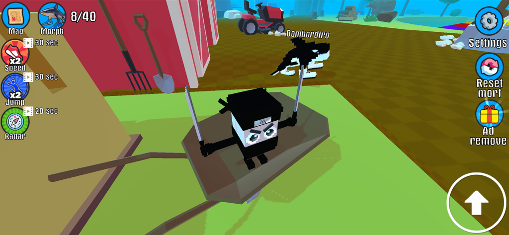 Find All Brainrot - Capture d'écran du gameplay de Trouver Tout le Brainrot montrant un ninja blocky dans une brouette dans une ferme.