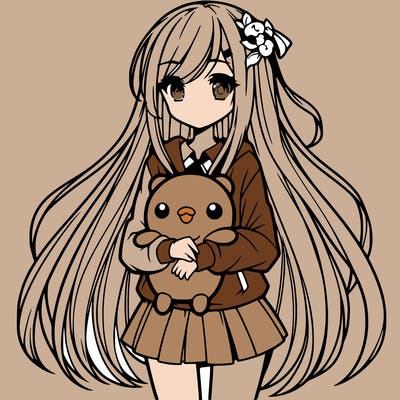 a girl with long hair holding a plushie also anime styled