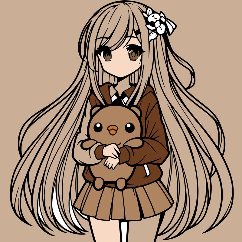 a girl with long hair holding a plushie also anime styled