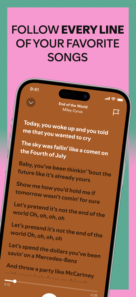 Spotify mobile app interface displaying real-time song lyrics for a Miley Cyrus track