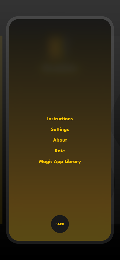 Menu principal do aplicativo de truque de mágica Avaton mostrando opções de navegação