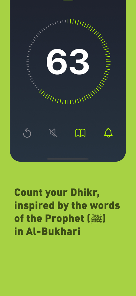Interfaz de la aplicación Kalimatan que muestra un contador de dhikr con un anillo de progreso circular