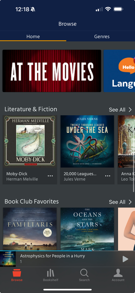 Blackstone Unlimited - Browse screen of the Blackstone Unlimited app showing literature and fiction audiobook titles