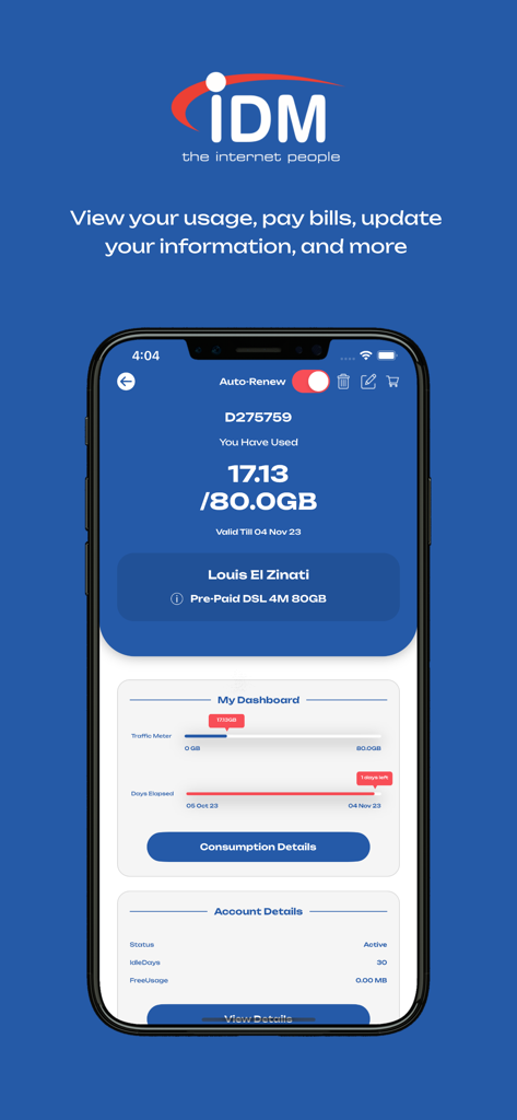Panel de la aplicación IDM Lebanon que muestra el medidor de uso de datos y el estado de la cuenta