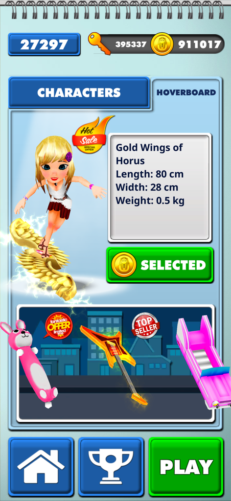 Charakterauswahlbildschirm für Hoverboards in City Kids Running Game mit den Goldflügeln des Horus