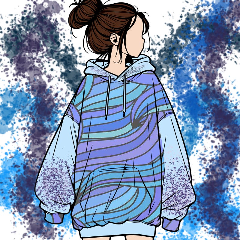 realistic girl with a oversized sweatshirt on and a bun