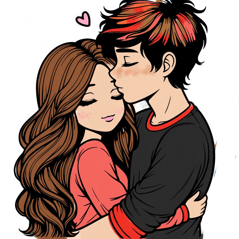 a realistic couple boy and girl hugging and kissing