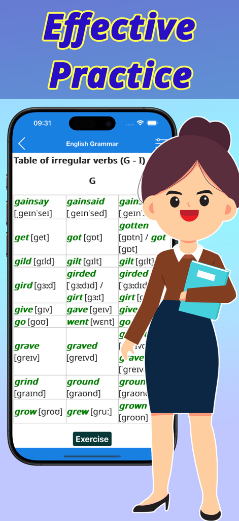 イラスト入りの女性教師の隣のモバイルアプリ画面に、Gで始まる不規則動詞の英語の表。