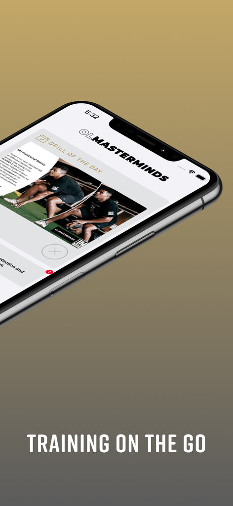 OL Masterminds - iPhone displaying OL Masterminds app with functional stance drill of the day and training on the go text