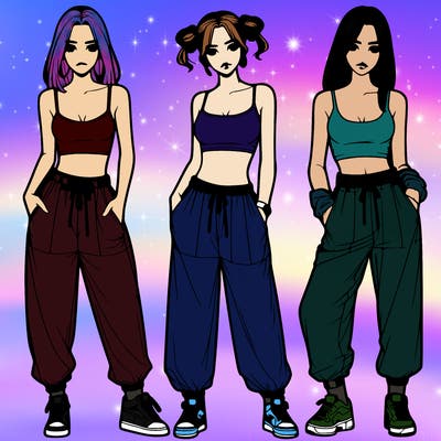 realistic girls with baggy pants and crop top