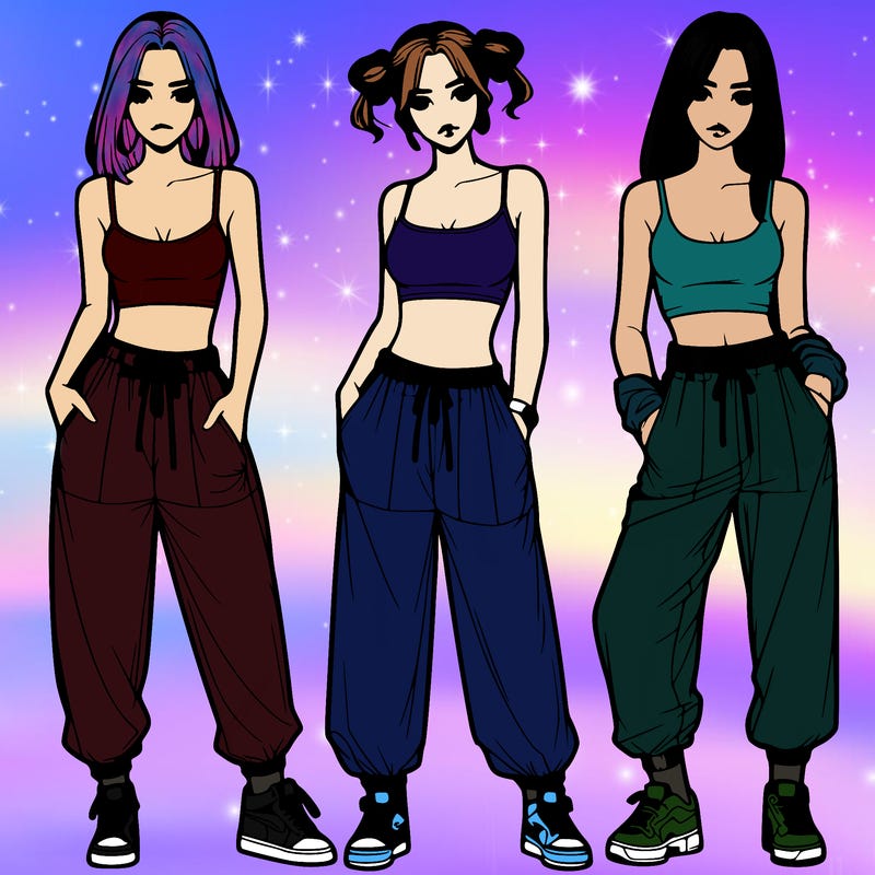 realistic girls with baggy pants and crop top