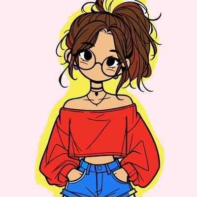 girl with a messy ponytail glasses a baggy crop top and jean shorts