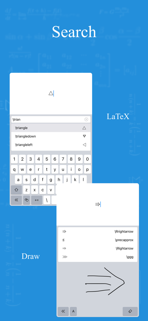 xFormula - Equation Editor - Interface of xFormula app showing LaTeX symbol search and hand drawn math recognition features