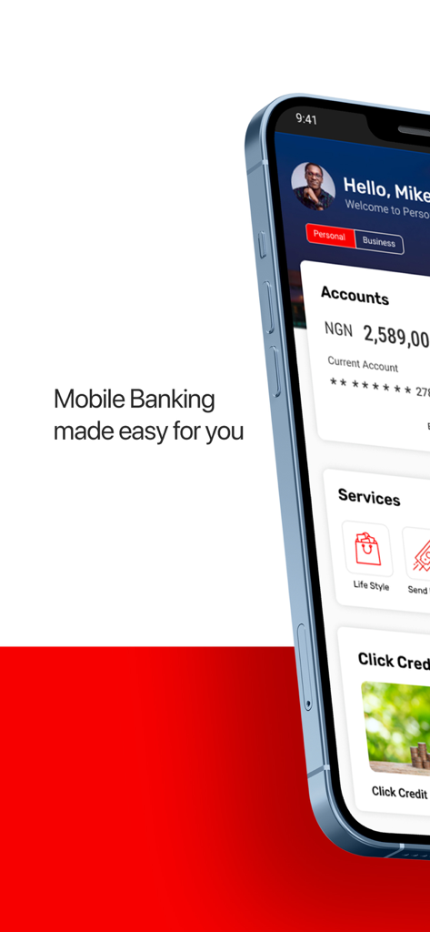 UBA Mobile Banking - UBA Mobile Banking app home screen on a smartphone displaying account balance and lifestyle services