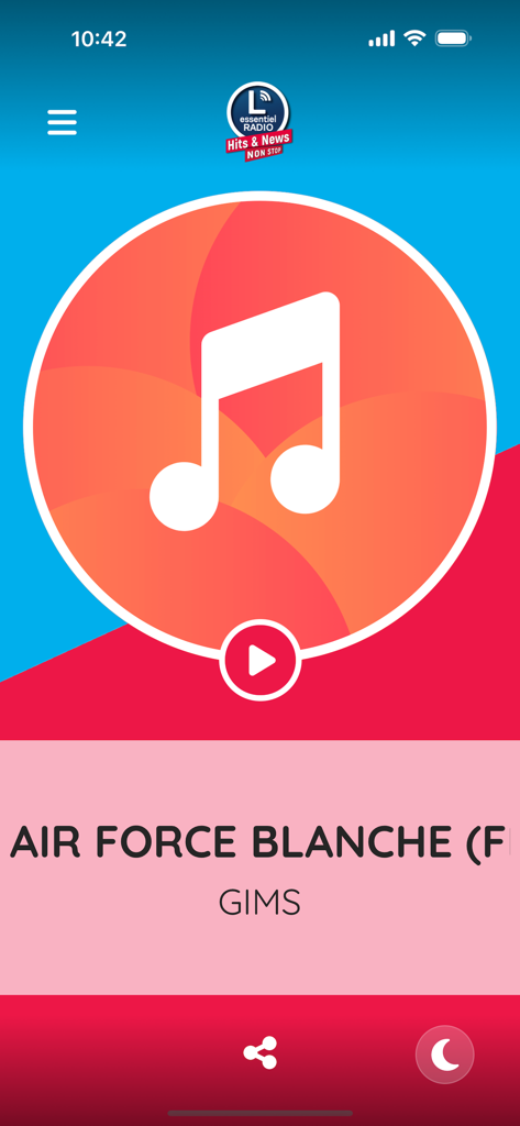 L'essentiel Radio - Mobile app interface of Lessentiel Radio showing the current song playing by GIMS.
