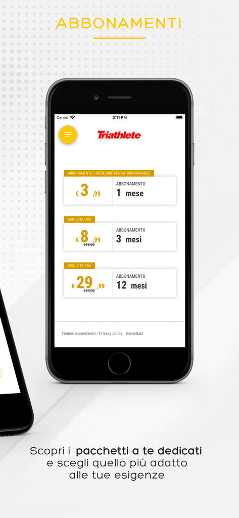 Schermata mobile che mostra le opzioni di abbonamento mensile e annuale per la rivista Triathlete
