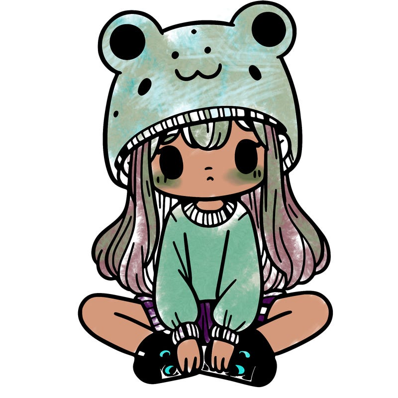 a girl wearing a frog hat and some frog socks
