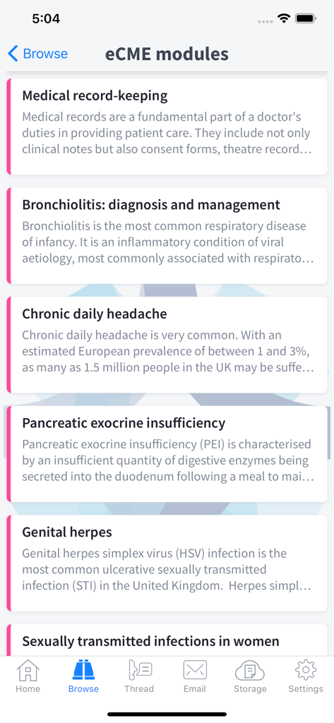 my Doctors.net.uk - A list of accredited eCME medical education modules on the my Doctors.net.uk app screen.