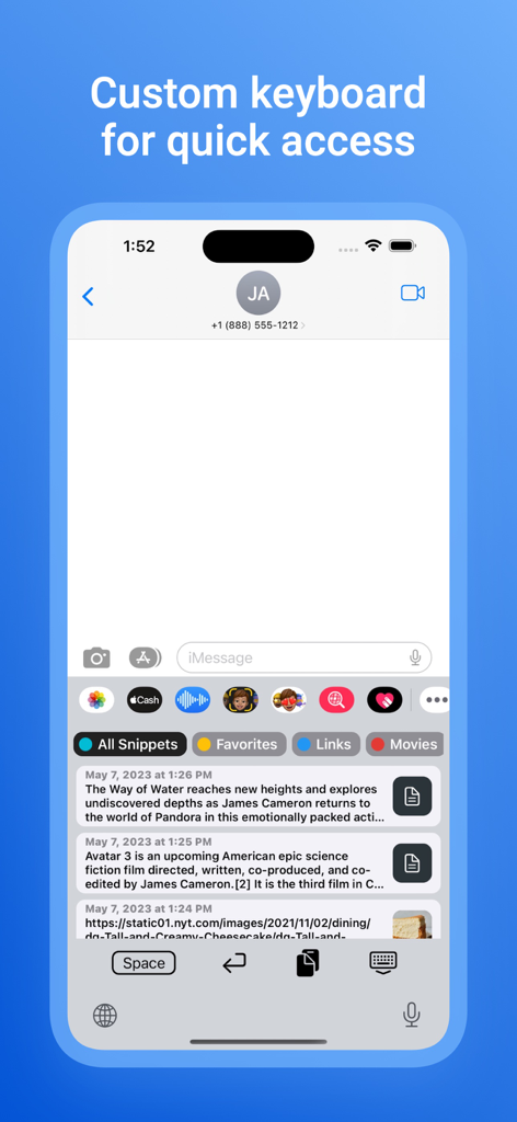 Clipboard Manager - Pycopaste - Pantalla de iPhone que muestra la interfaz del teclado personalizado de Pycopaste dentro de iMessage para un acceso rápido a fragmentos del portapapeles.