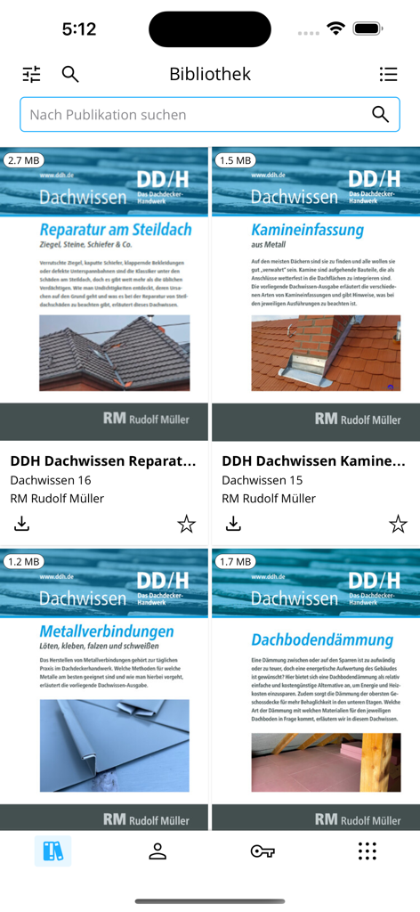 DDH - Library screen of the DDH app showing technical roofing manuals