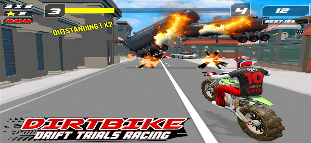 Dirt Bike Drift Trails Racing - Action gameplay of a dirt bike drifting on a city street next to a massive tanker explosion.