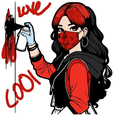 realistic girl with mask spray painting a wall