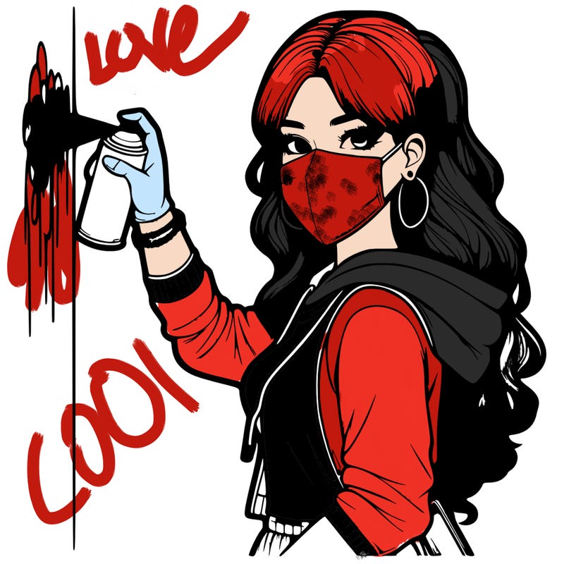 realistic girl with mask spray painting a wall