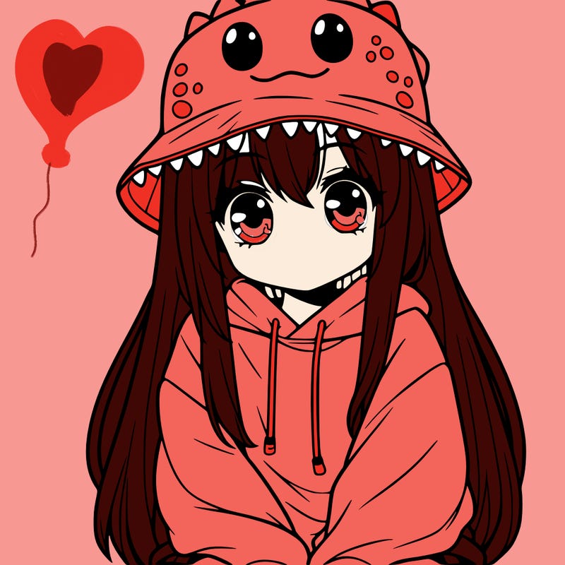 girl with anime shaped eyes with a dinosaur bucket hat oversized sweatshirt long straight hair