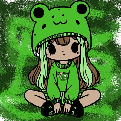 a girl wearing a frog hat and some frog socks