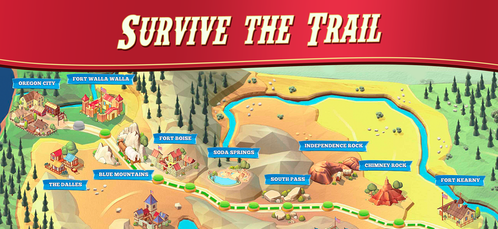 The Oregon Trail: Boom Town - A colorful stylized map of the Oregon Trail showing key locations like Fort Boise and Chimney Rock under the banner Survive the Trail.