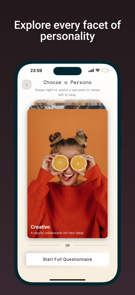 My AI Girlfriend - Interfaz de la aplicación Mi Novia IA que muestra una pantalla de selección de personalidad con una tarjeta para una personalidad Creativa