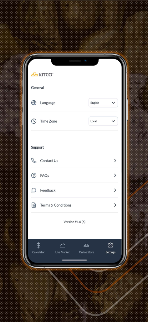 Metalynx - Settings screen of the Metalynx app showing general language options and support links.