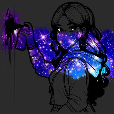 realistic girl with mask spray painting a wall