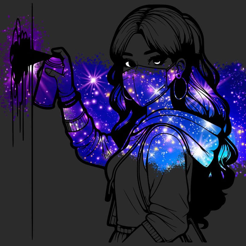 realistic girl with mask spray painting a wall