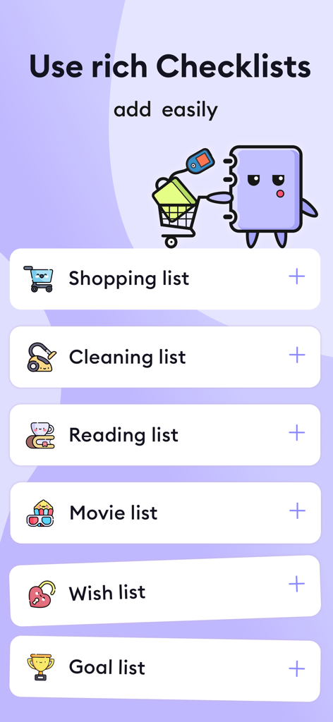 Interfaz del planificador TDAH de Planwoo que muestra listas de compras, limpieza y objetivos