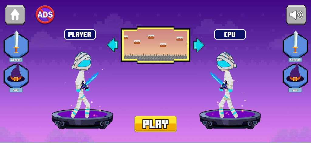 Schermata di configurazione di Supreme Stickman Duelist che mostra un menu di duello giocatore contro CPU con skin mummia e selezione armi