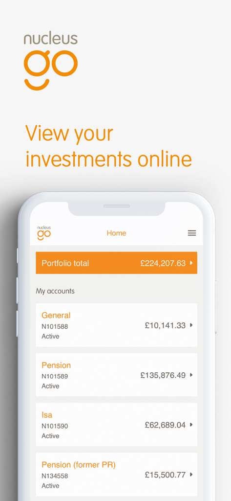 Nucleus Go - Pantalla de la aplicación Nucleus Go que muestra el valor total del portafolio y las cuentas de inversión individuales