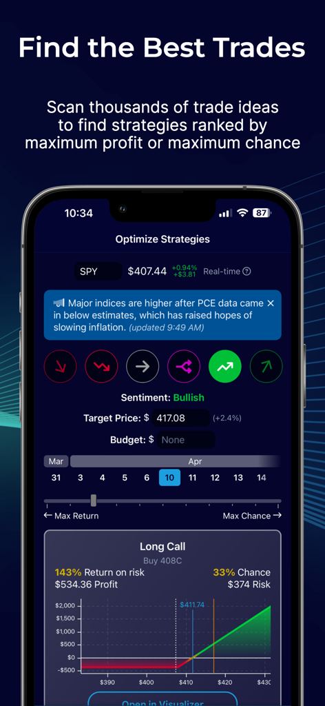 OptionStrat mobile app interface displaying the strategy optimizer tool for finding and analyzing options trades.