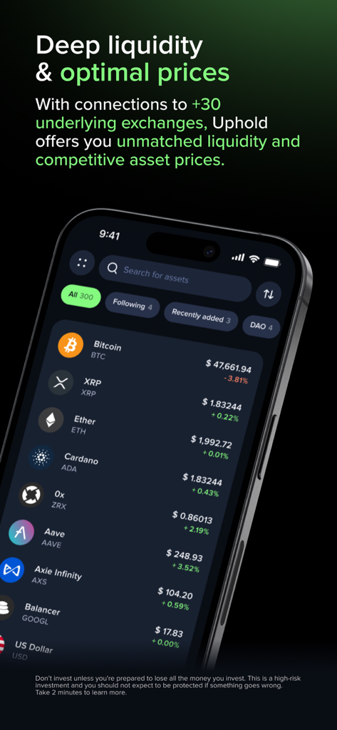 Interfaz de la aplicación Uphold que muestra una lista de activos digitales, incluidos Bitcoin y XRP, con precios de mercado en tiempo real.