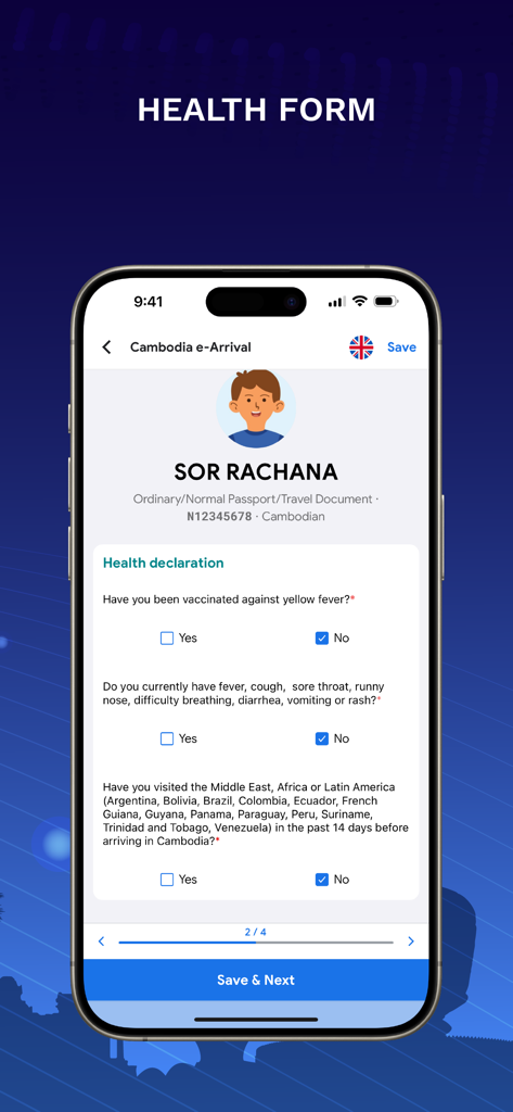 Cambodia e-Arrival - Digitale Gesundheitsdeklarations-Oberfläche der Kambodscha e-Arrival App.