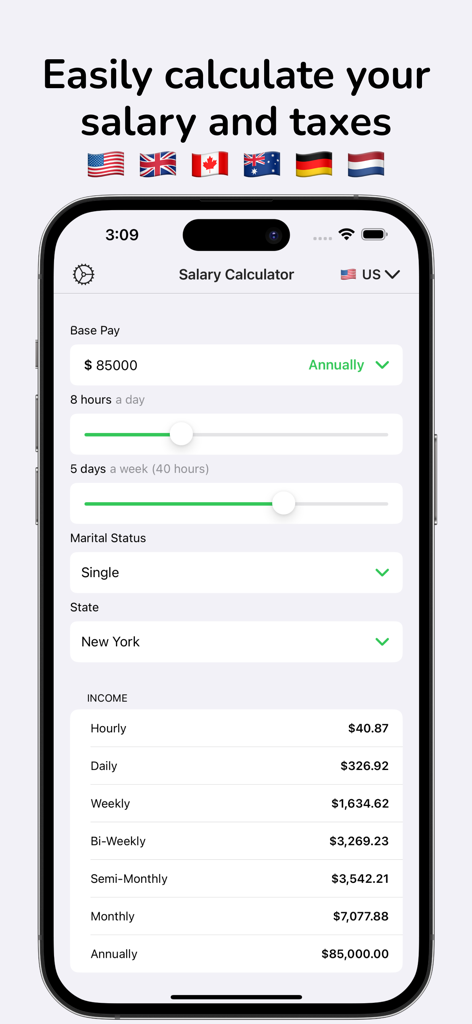 Salary Paycheck Calculator app interface displaying an annual salary breakdown for New York state