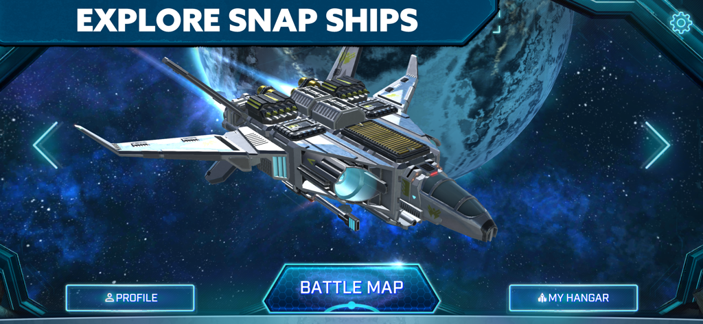 Snap Ships mobile app interface showing a 3D spaceship model in space with menu buttons for profile, battle map, and hangar
