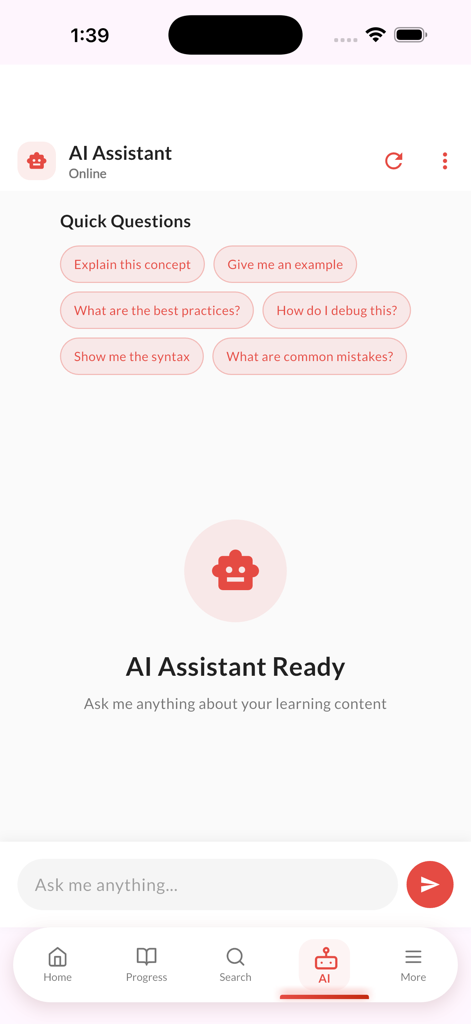 Learn Deep Learning with Ai - Interface de chat de l'assistant IA avec des options de questions rapides pour apprendre le deep learning