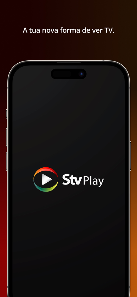Pantalla de inicio de la aplicación móvil STV Play mostrando el logotipo de la empresa y un eslogan en portugués en un smartphone.