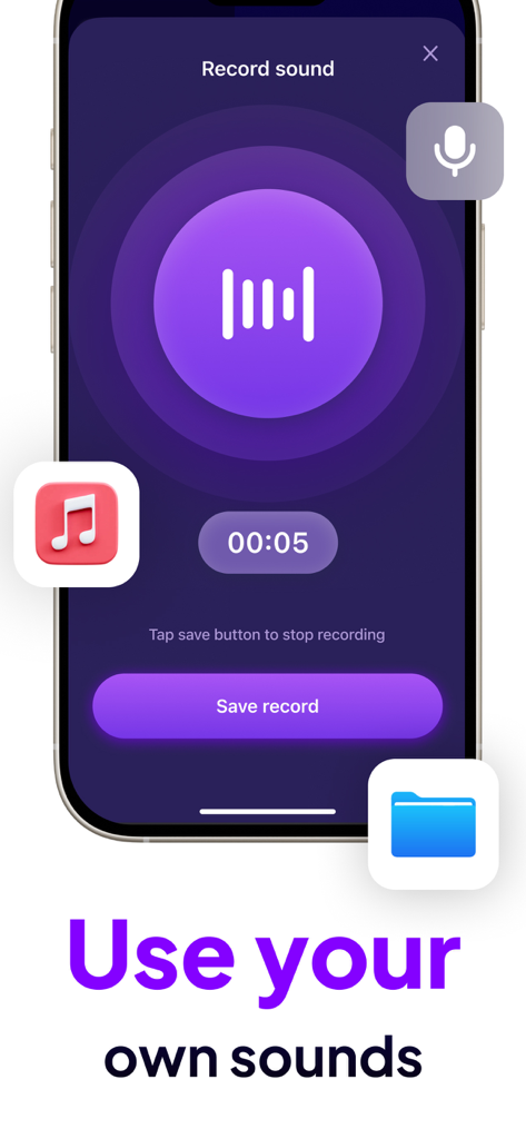 Alarm Clock: Wake up | - Interfaz de la aplicación Reloj Despertador que muestra la función de grabación de sonido para crear tonos de alarma personalizados.